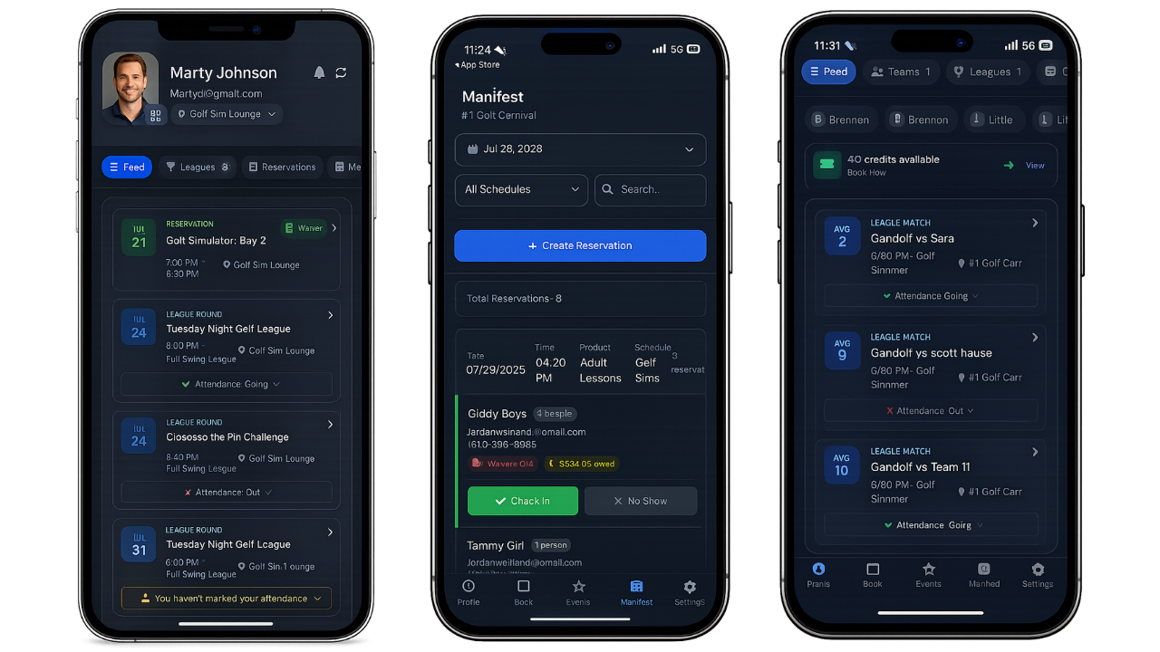 The member app showing upcoming league rounds, a check-in manifest, and league match results