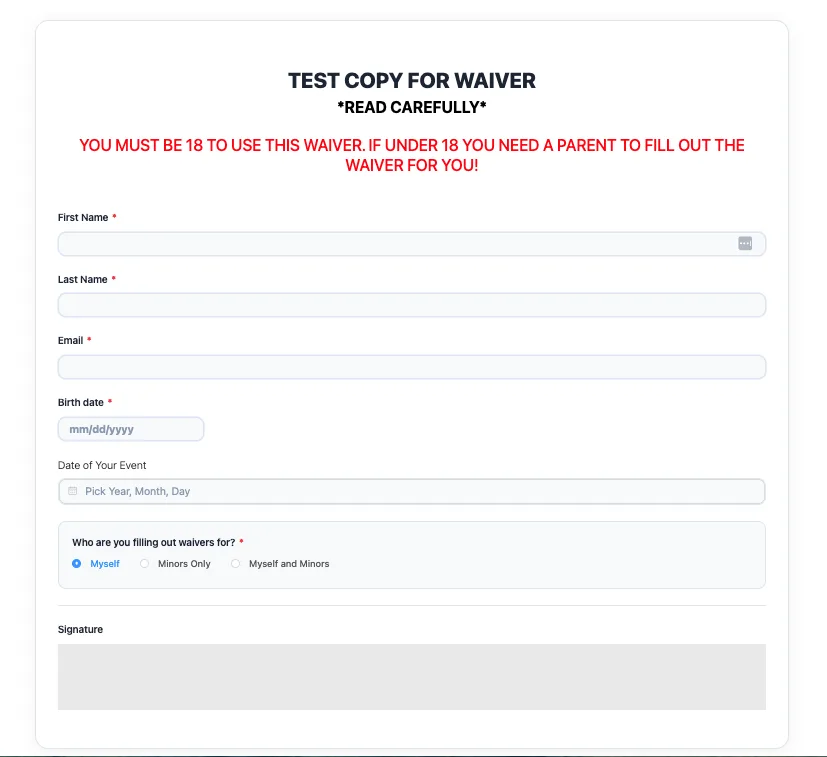 Digital waiver form with an option to sign for minors