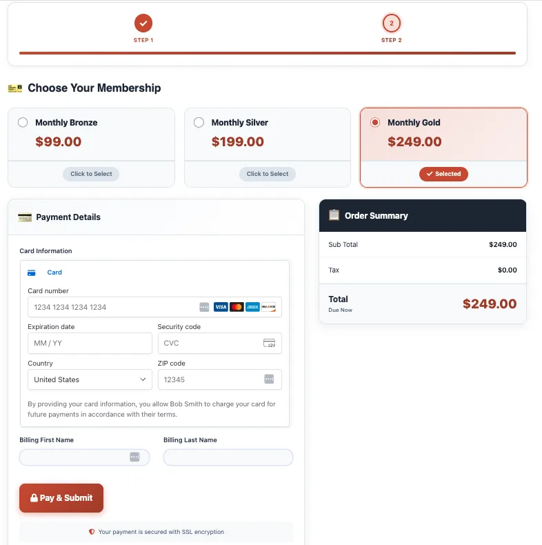 Membership checkout with Bronze, Silver, and Gold monthly plans