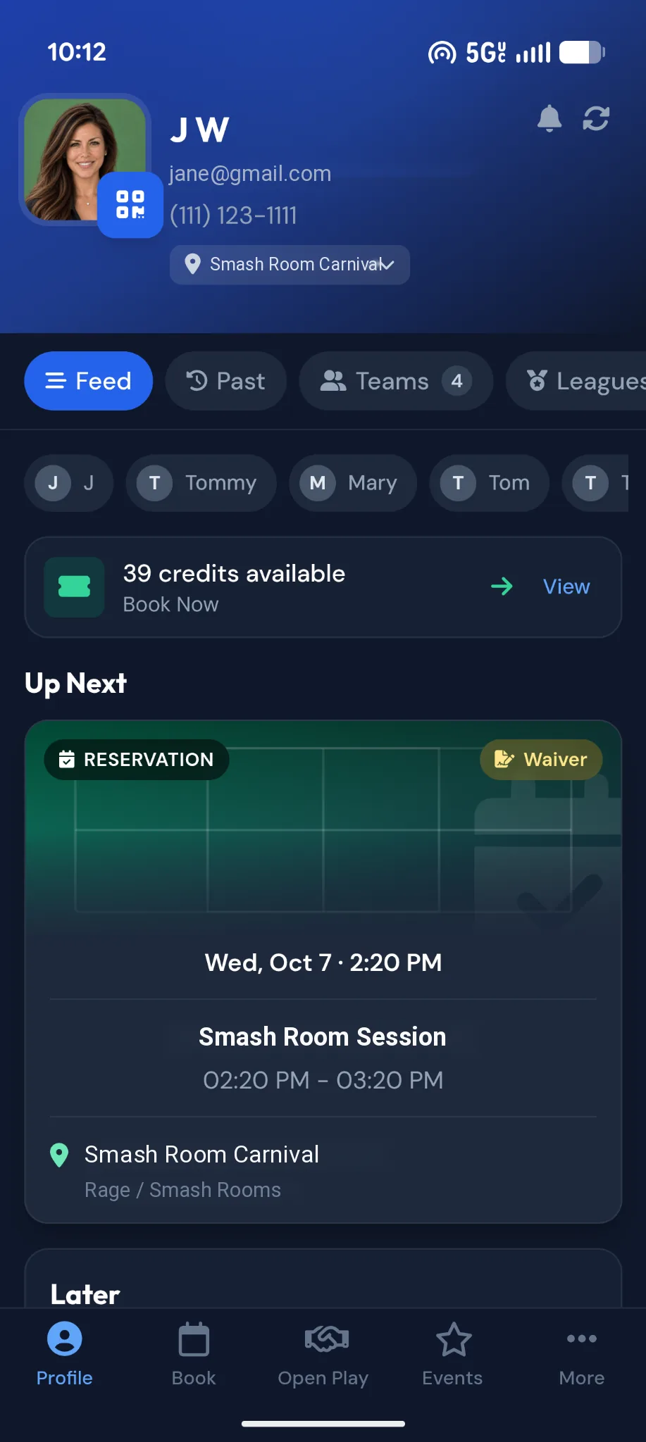 Sports Carnival app profile showing an upcoming rage room session with its signed waiver