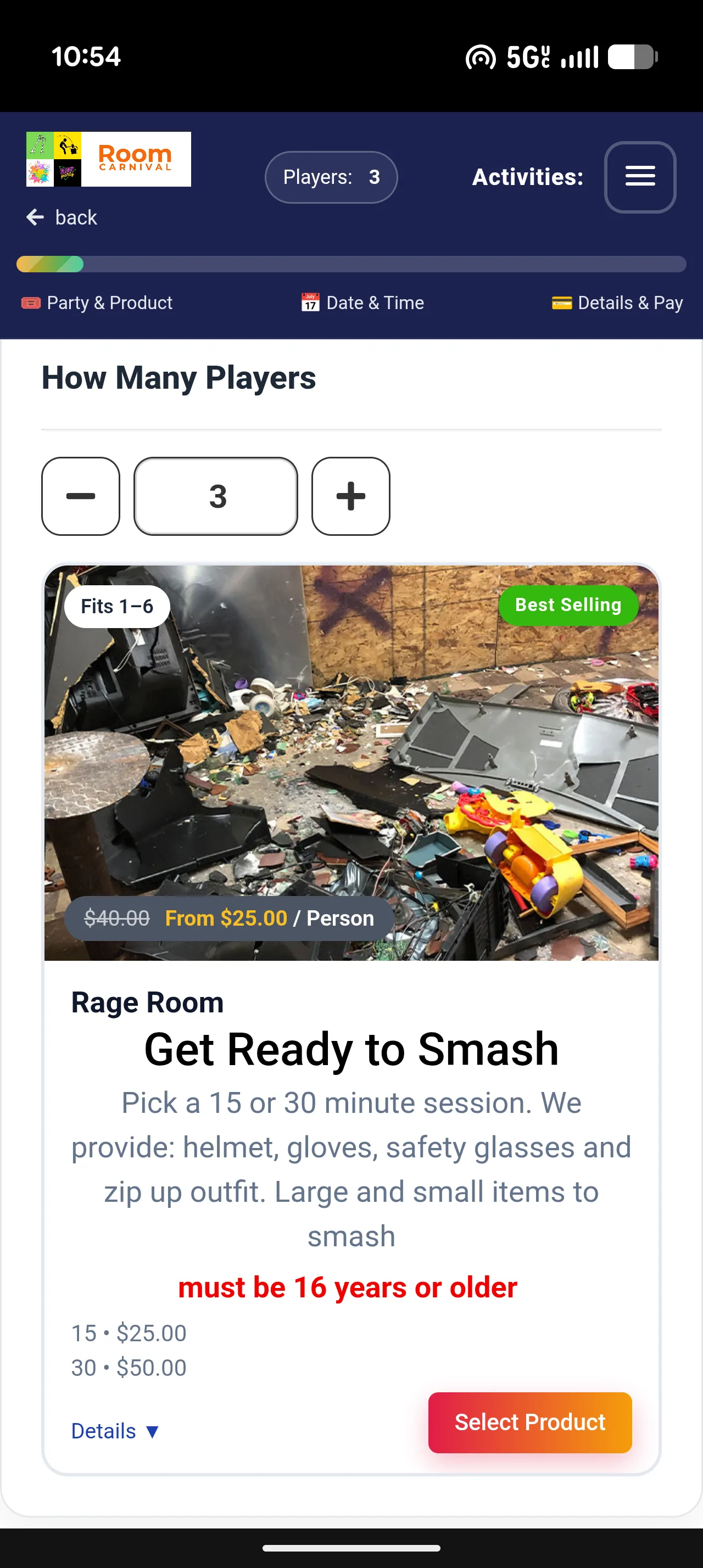 Rage room group booking flow on Sports Carnival with group size and deposit
