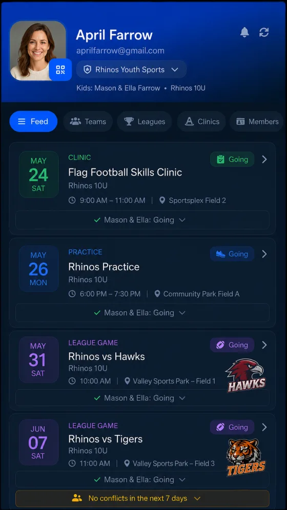 Parent view of Sports Carnival youth sports registration app showing team schedule, league games, and RSVP status